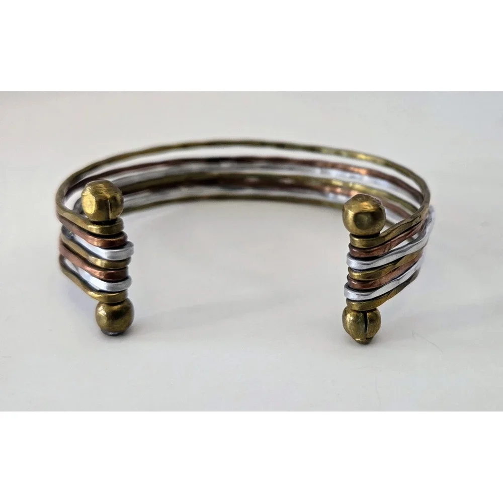 Tri Color 7 Band‎ Hammered Metal Cuff Bracelet Brass Silver Copper Tones Unisex